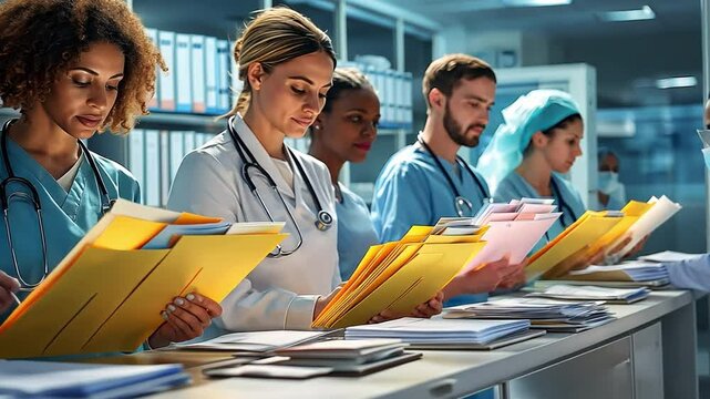 A group of medical professionals working together to organise patient data into folders that are colour-coded and labelled with the departments or conditions of the patients