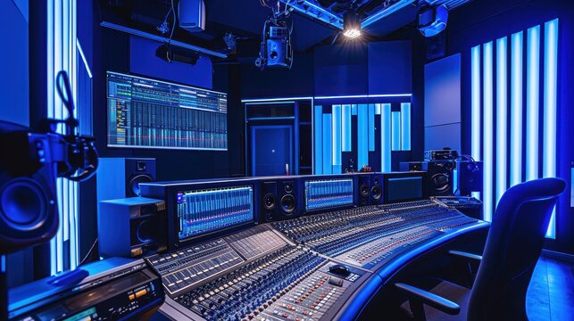Professional music recording studio interior; high-tech mixing console, illuminated walls, and advanced audio equipment create an inspiring atmosphere for music production.