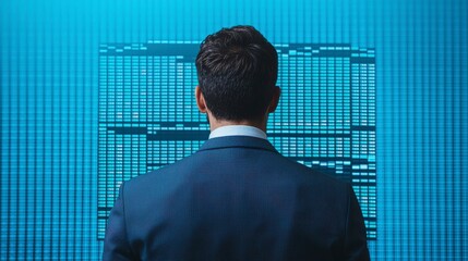 Fototapeta premium Businessman Analyzing Stock Market Trends on Digital Display, Concentrating on Data Visualization for Informed Financial Decisions and Investment Strategies
