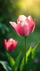 Naklejka premium Delicate petals unfurl in gentle morning light, verdant, garden