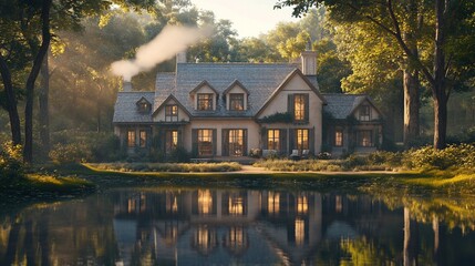 Fototapeta premium Charming house by the lake at sunrise.