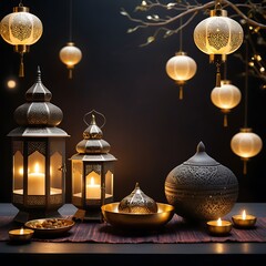 A luxurious Arabic-themed black background with glowing gold lanterns and intricate decor.