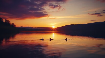 Serene Sunset Over Water with Ducks Swimming Together in Harmony