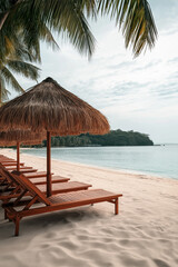 Entspannende Strandlandschaft mit Sonnenliegen und Sonnenschirmen

