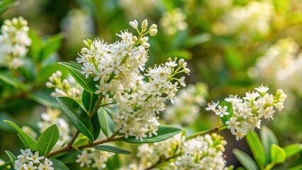Beautiful wild privet plant in full bloom with white flowers in a natural setting, wild, privet, Ligustrum vulgare