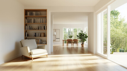 Cozy and bright living room with natural light filtering through large windows and a view of greenery