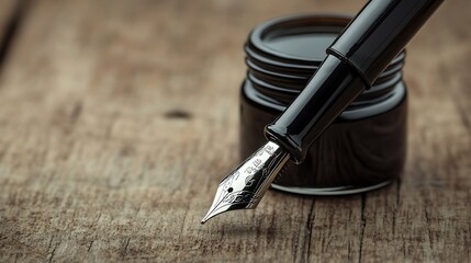 Naklejka premium Fountain pen with inkwell on wooden surface.