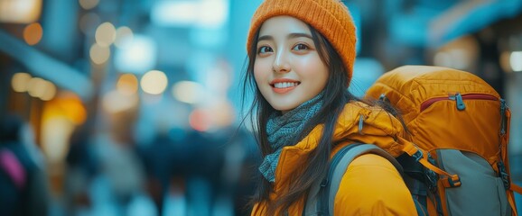Young Asian Woman Traveler Smiling in City Street