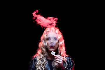A Creative Portrait Featuring Colorful Smoke Effects and Playful Popcorn Accents
