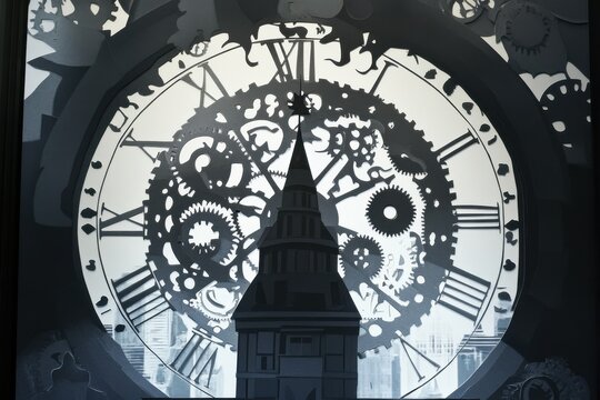 Victorian clock tower with gears and mechanics, delicately crafted in layered paper-cut designs.