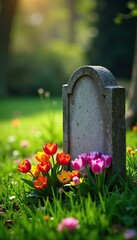 Freshly cut flowers beside weathered headstone, solitude, spring