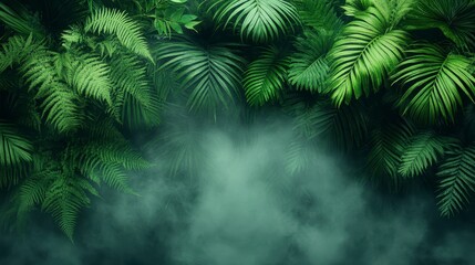 Lush green tropical foliage with mist.