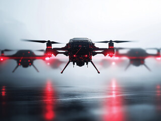 Futuristische Drohne mit mehreren Fluggeräten in der Luft

