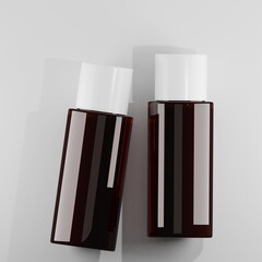 Two amber bottles with white caps sit side-by-side on a light gray background, creating a clean and minimalist aesthetic.