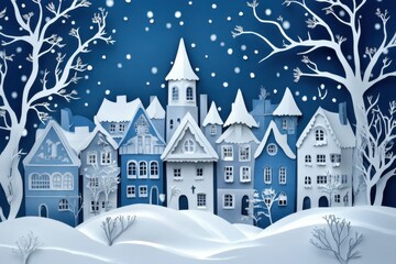 Winter village with snow and rooftops, presented in soft paper-cutting style with warm glowing lights.