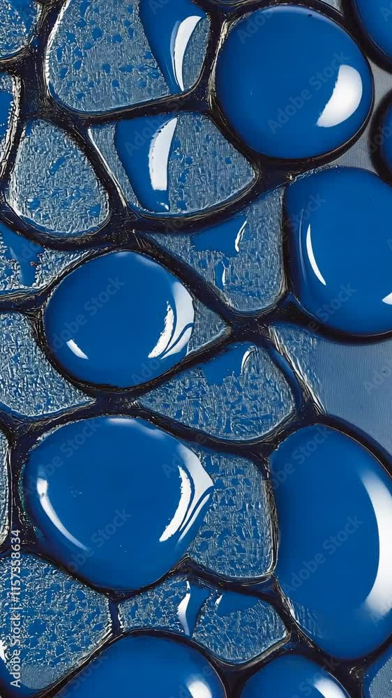 Poster layers of glossy blue paint create an artistic texture on the canvas surface in a close-up shot