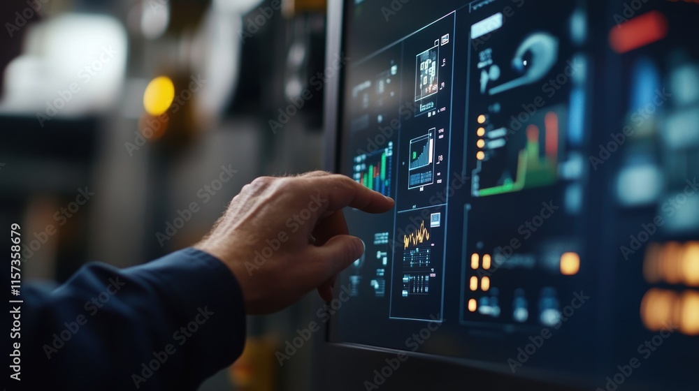 Poster a focused shot of a technicians hands manipulating a touchscreen interface where dynamic graphs refl