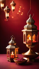 Obraz premium A rich crimson Arabic-themed background glowing with gold accents, lanterns, and decor..