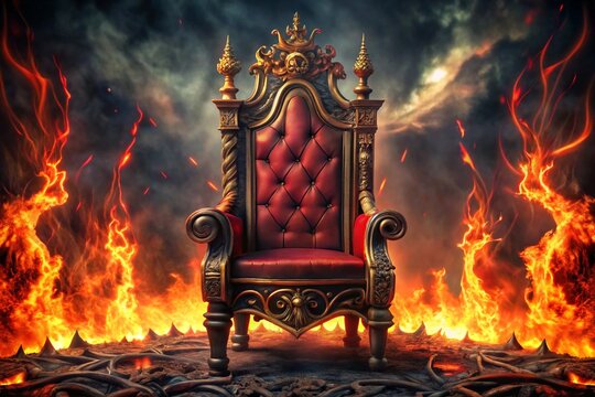Majestic demonic throne with luxurious design, sharp spikes, and fiery ambiance in a mysterious dark setting