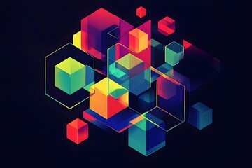 Fototapeta premium Geometric sequences, such as cubes, pyramids, and hexagons, floating in a dynamic, abstract arrangement against a dark background