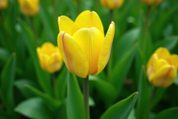 Green leafy greens surrounding yellow tulip bulb, botanical, plant life