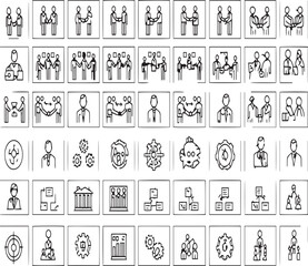 54 grid-formatted black and white line icons that represent different teamwork and business themes.