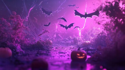 Obraz premium Spooky Halloween night scene with bats flying over pumpkins and cobwebs in a dark forest.