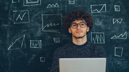 Young entrepreneur brainstorming innovative ideas in front of a chalkboard with analytics and graphs, showcasing creative thought process and modern working style