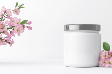 sleek cream jar with glossy white body, surrounded by delicate pink flowers, creates serene and elegant atmosphere