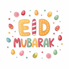 Colorful candies arranged to spell "Eid Mubarak" on a white background