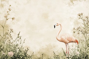 A Pink Flamingo Stands Amidst Greenery and Flowers