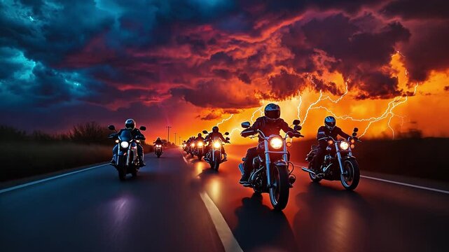 An exhilarating scene of motorbike riders riding in a stormy sky with lightning.