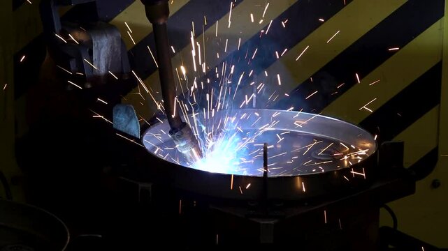 Close up view of welding robot weld metal with bright sparks.