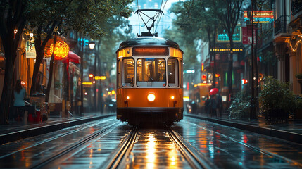 Obraz premium Vintage Tram in a Rainy Evening Cityscape