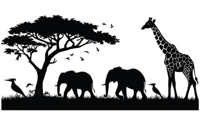 Black silhouette of animals of the African savannah. Lions give out among the trees. Landscape of wild nature. © Nabo 