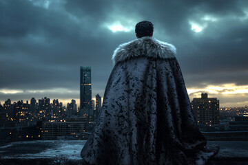 Fototapeta premium Editorial concept featuring a faux fur cape with intricate patterns, dramatic evening skyline as the backdrop.