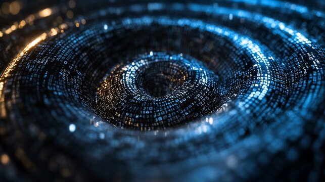 Abstract swirling digital data vortex with glowing blue and gold particles.