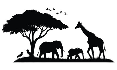 Silhouettes of trees and wild forest animals with white background © Nabo 