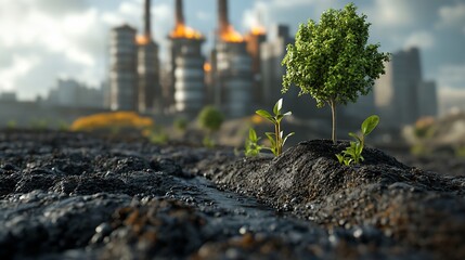 Small trees growing in polluted land with industrial background.