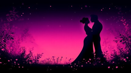 Silhouetted couple embracing at sunset.