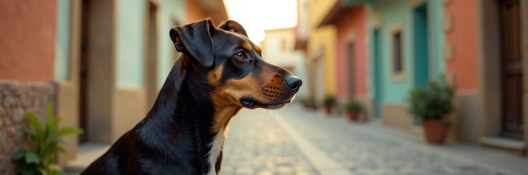Perro cocker en la calle con el cuello estirado para observar, sentado, paisaje, cuello