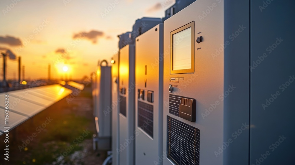 Poster a closeup shot of a battery storage unit connected to a solar panel system illustrating the integrat