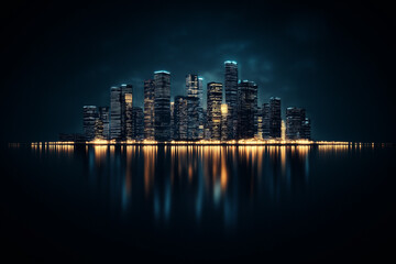 Fototapeta premium Moderne Skyline bei Nacht mit reflektierenden Lichtern im Wasser
