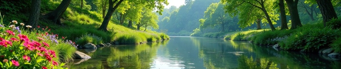Serene riverbank with lush greenery and flowers, river, flowers