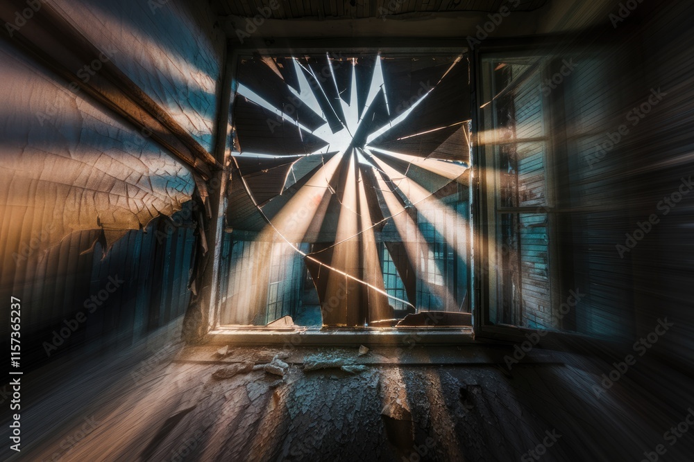 Poster Sunbeams stream through a shattered window in an abandoned building, illuminating dust motes and decay.