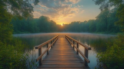Naklejka premium Wooden bridge leads across misty lake at sunrise