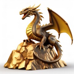 Obraz premium 3D rendering of a cartoon fierce dragon perched atop a mountain of gold, isolated on white background