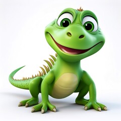 Fototapeta premium Green cartoon iguana smiling and posing on a white background, perfect for children's illustrations and animations