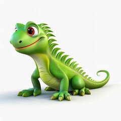 Green cartoon iguana sitting and looking up with a friendly expression, isolated on white background