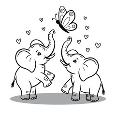 Obraz premium Beautiful and cute line art elephant with butterfly silhouette art with white background